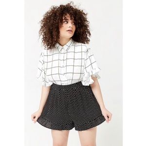 Grid Print Ruffle Trim Blouse